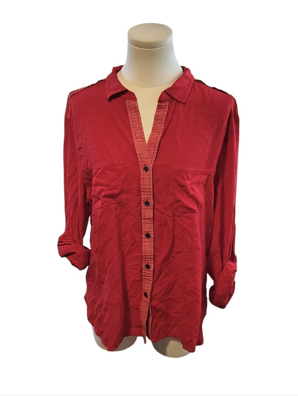 Rock & Republic Red Shimmer Stripe Cuffed Roll Up Button Down Shirt Size Large